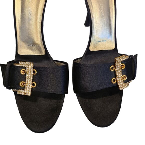 St. John Odessa Satin Mules, Crystal Buckle Black & Gold Heels | 8B - Picture 3 of 14